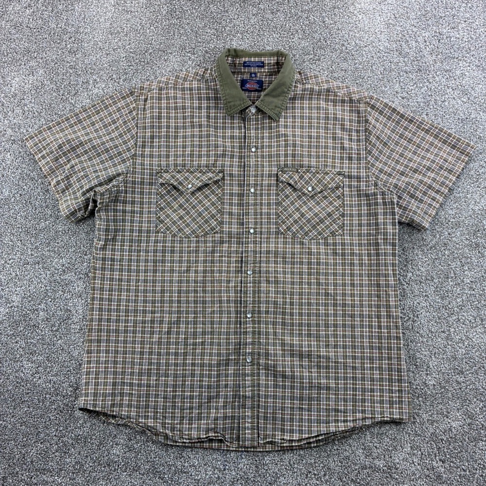 Dickies Shirt Mens XL Brown 100% Cotton Plaid Corduroy Collar Pearl Snap Western